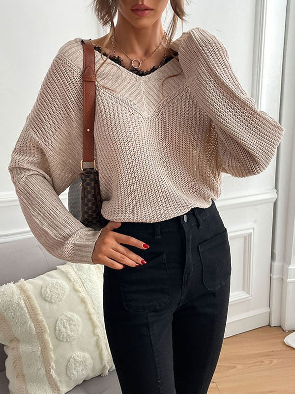 Piping V Neck Long Sleeves Stretch Polyester Sweaters