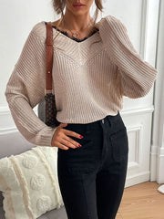 Piping V Neck Long Sleeves Stretch Polyester Sweaters