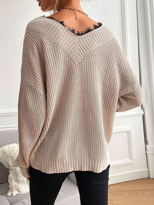 Piping V Neck Long Sleeves Stretch Polyester Sweaters