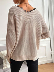 Piping V Neck Long Sleeves Stretch Polyester Sweaters