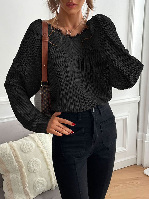 Piping V Neck Long Sleeves Stretch Polyester Sweaters
