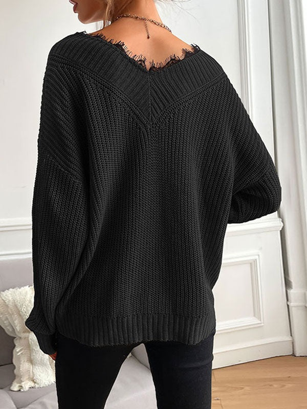 Piping V Neck Long Sleeves Stretch Polyester Sweaters