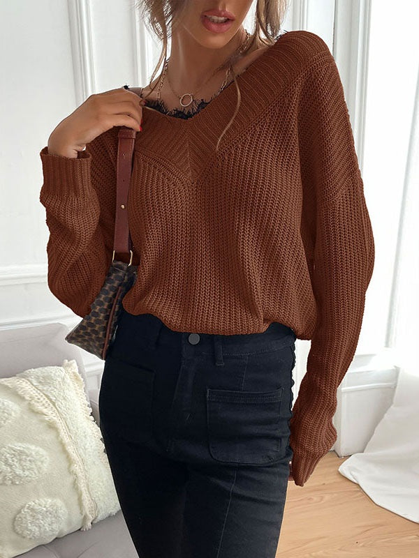 Piping V Neck Long Sleeves Stretch Polyester Sweaters