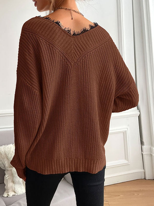 Piping V Neck Long Sleeves Stretch Polyester Sweaters