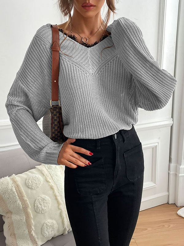Piping V Neck Long Sleeves Stretch Polyester Sweaters