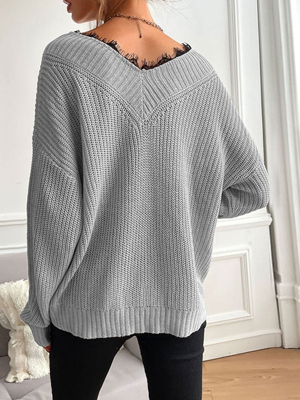 Piping V Neck Long Sleeves Stretch Polyester Sweaters