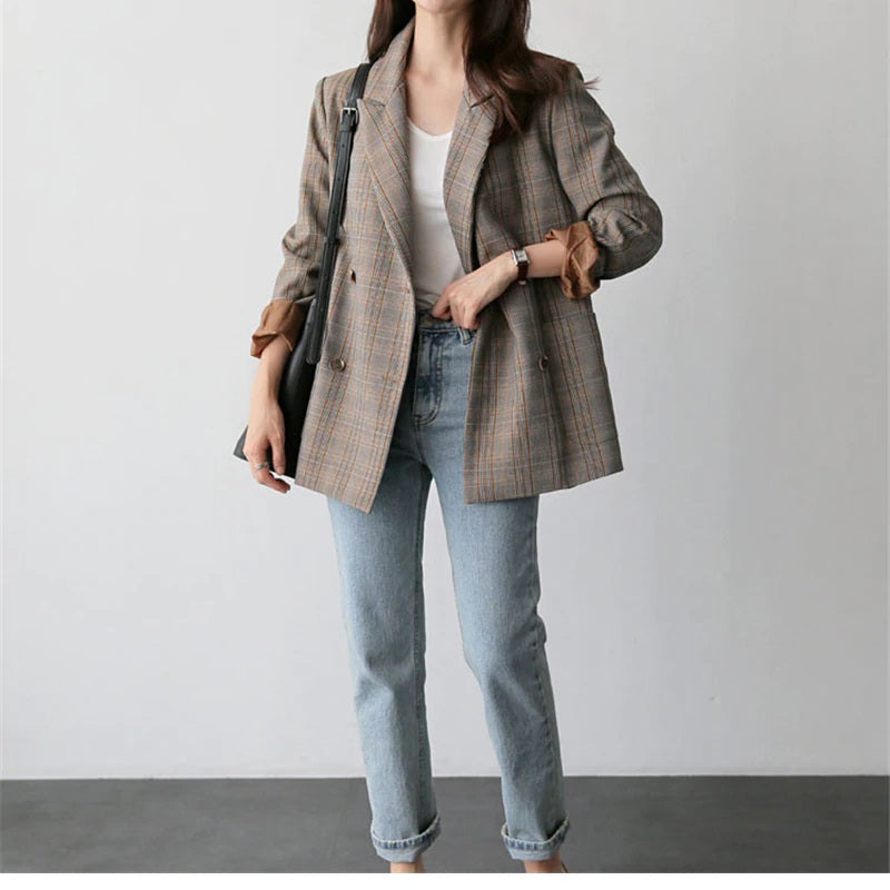 Plaid Double Breasted Full Sleeve Elegant Blazer