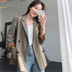 Plaid Double Breasted Full Sleeve Elegant Blazer