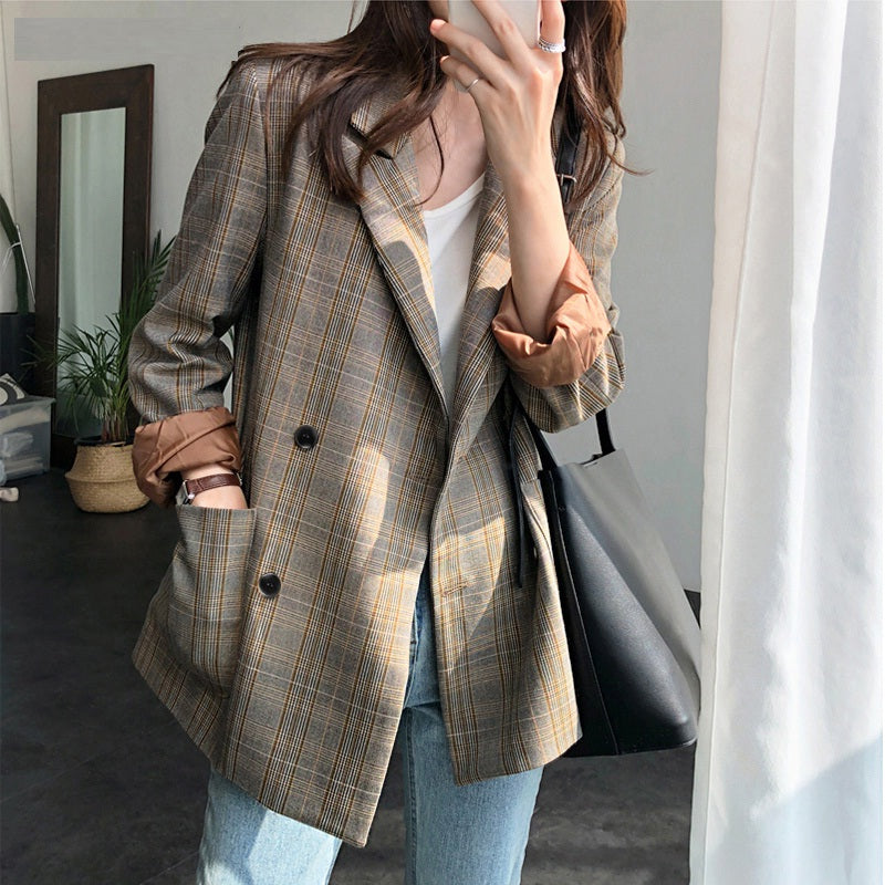 Plaid Double Breasted Full Sleeve Elegant Blazer