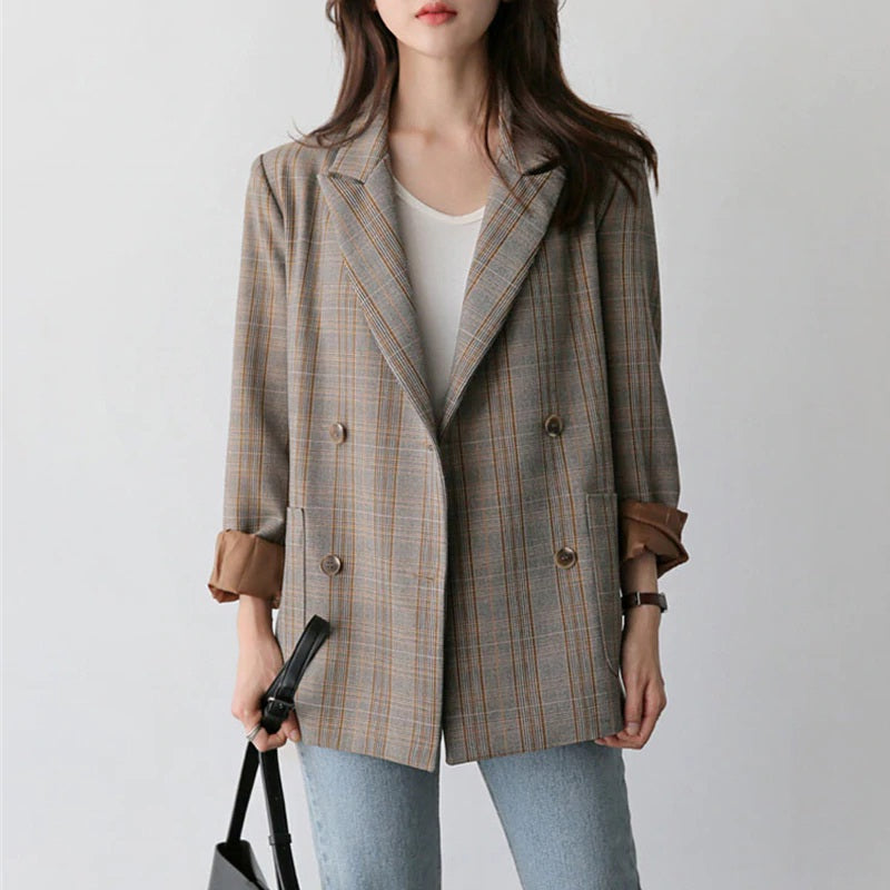 Plaid Double Breasted Full Sleeve Elegant Blazer