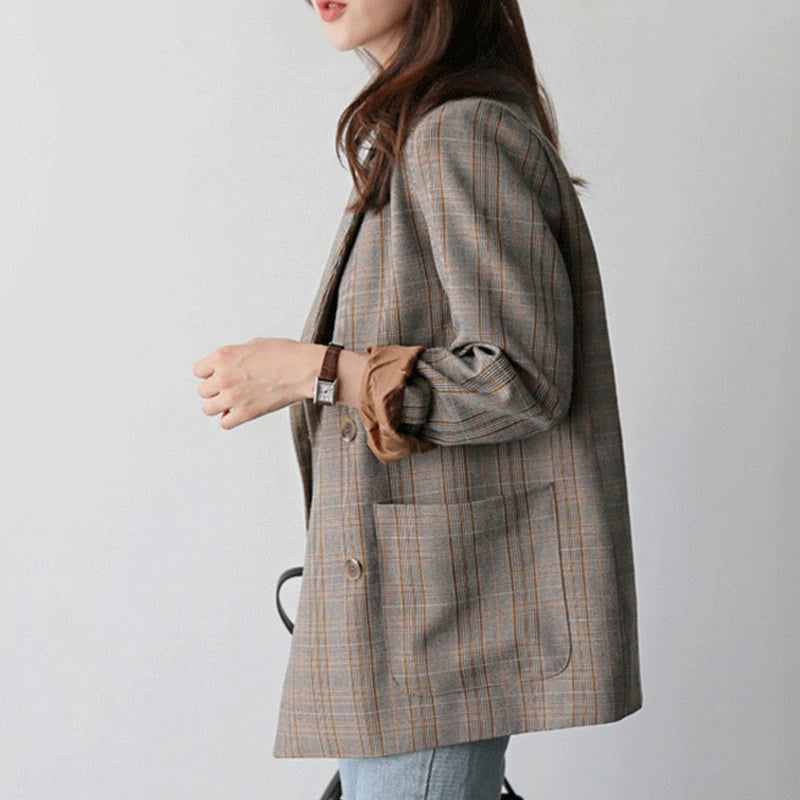 Plaid Double Breasted Full Sleeve Elegant Blazer