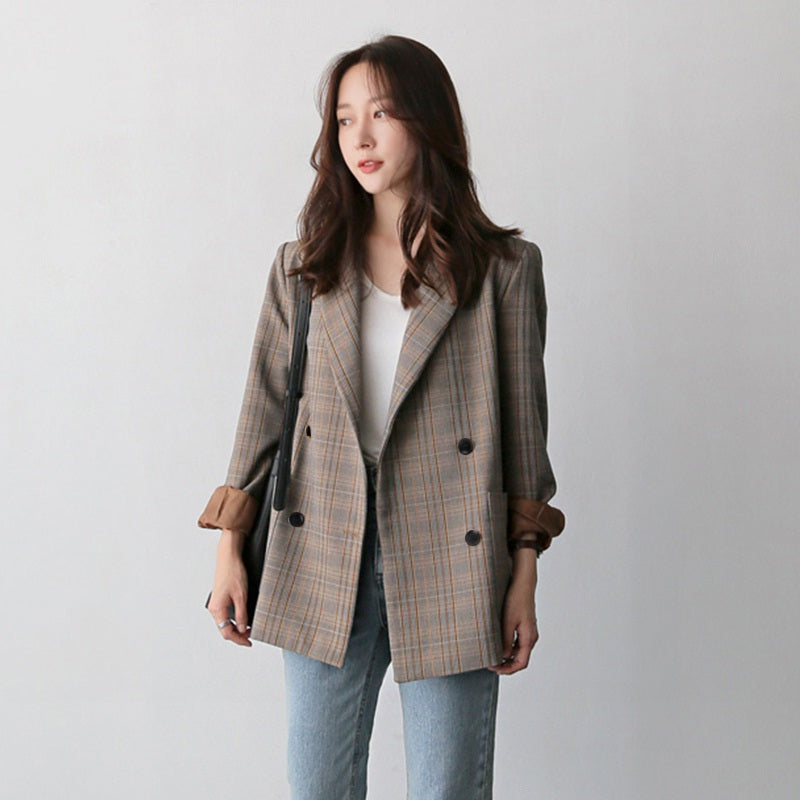Plaid Double Breasted Full Sleeve Elegant Blazer
