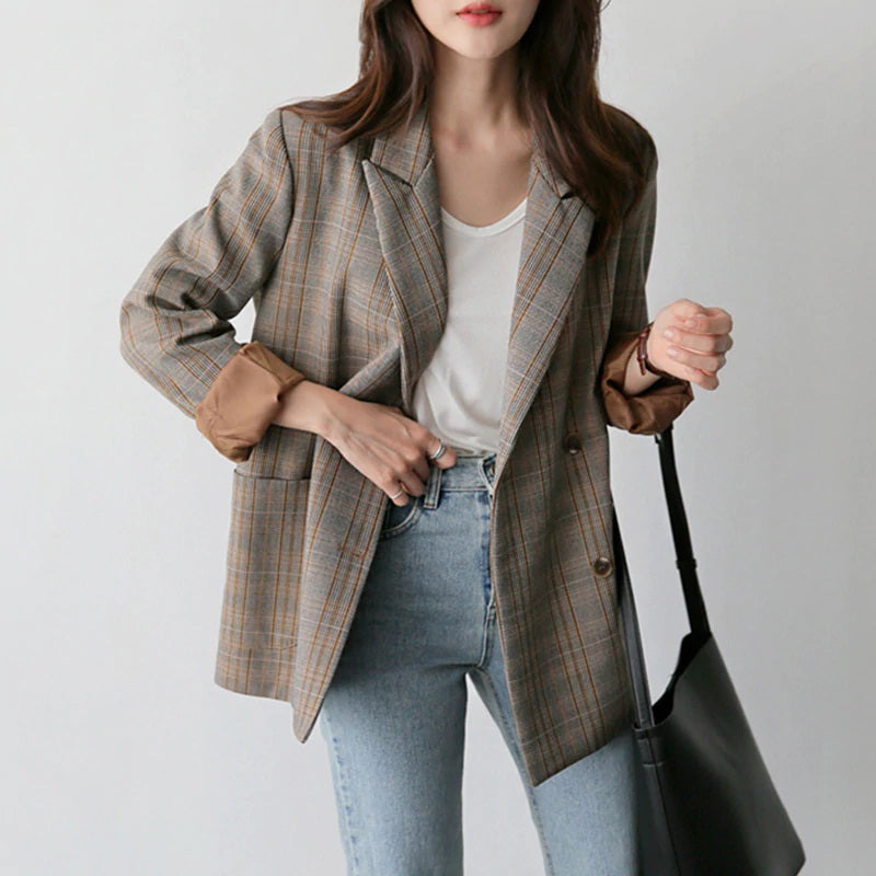 Plaid Double Breasted Full Sleeve Elegant Blazer