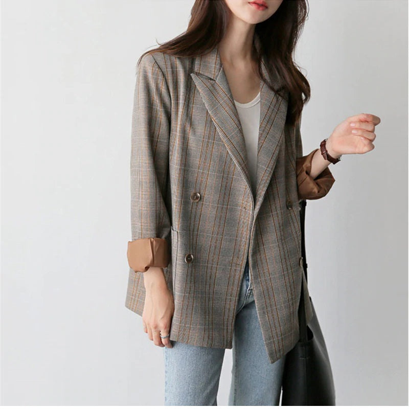 Plaid Double Breasted Full Sleeve Elegant Blazer