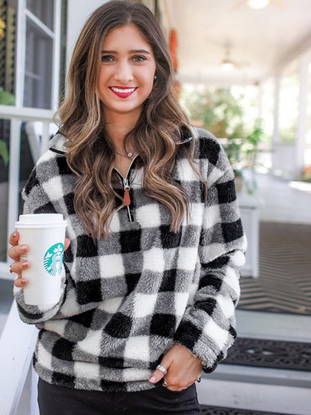 Plaid Long Sleeves Polyester Teddy Hoodie