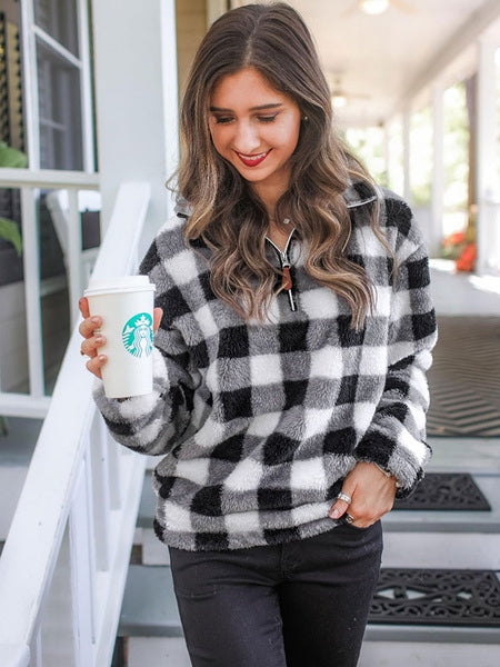 Plaid Long Sleeves Polyester Teddy Hoodie