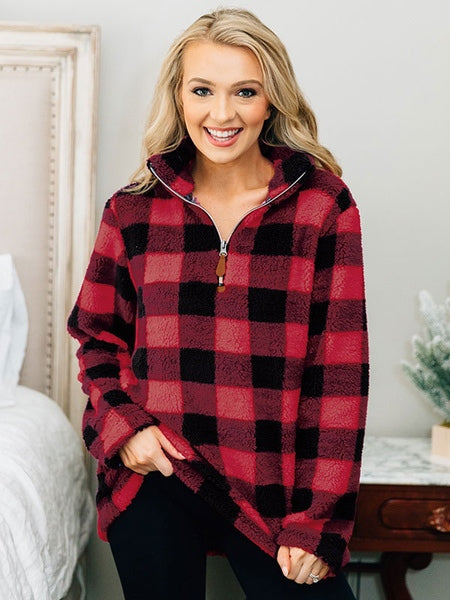 Plaid Long Sleeves Polyester Teddy Hoodie