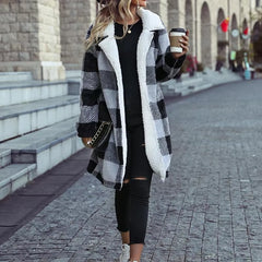 Casual Plaid Print Fleece Long Sleeve Lapel Collar Long Line Jacket