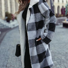 Casual Plaid Print Fleece Long Sleeve Lapel Collar Long Line Jacket