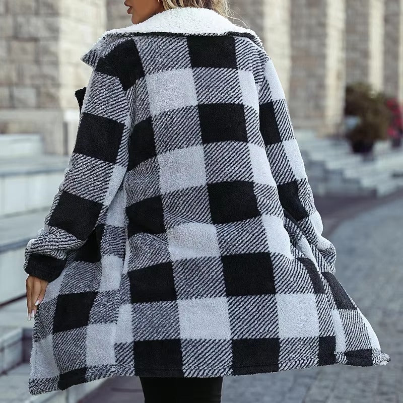 Casual Plaid Print Fleece Long Sleeve Lapel Collar Long Line Jacket