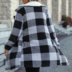 Casual Plaid Print Fleece Long Sleeve Lapel Collar Long Line Jacket