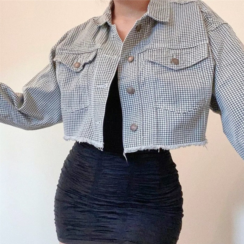 Plaid Turn-down Collar Elegant Cropped Jacket