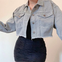 Plaid Turn-down Collar Elegant Cropped Jacket