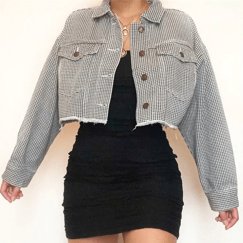 Plaid Turn-down Collar Elegant Cropped Jacket