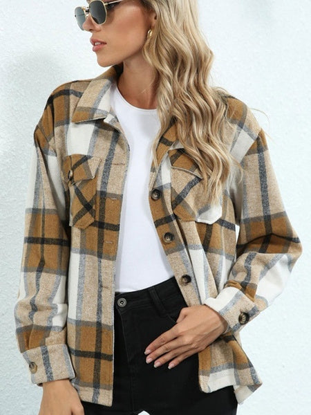 Plaid Turndown Collar Buttons Long Sleeve Polyester Oversized Short Jacket