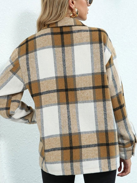 Plaid Turndown Collar Buttons Long Sleeve Polyester Oversized Short Jacket