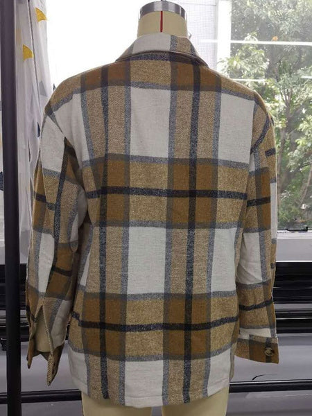 Plaid Turndown Collar Buttons Long Sleeve Polyester Oversized Short Jacket