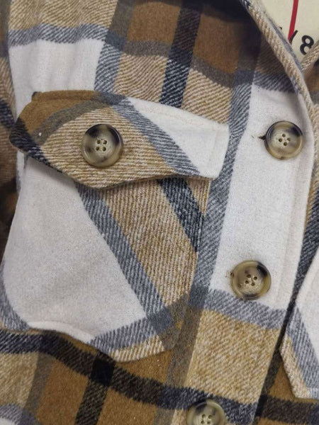 Plaid Turndown Collar Buttons Long Sleeve Polyester Oversized Short Jacket