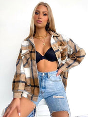 Plaid Turndown Collar Buttons Long Sleeve Polyester Oversized Short Jacket