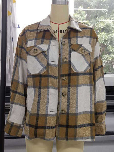 Plaid Turndown Collar Buttons Long Sleeve Polyester Oversized Short Jacket