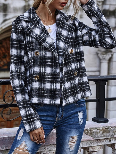 Plaid Turndown Collar Long Sleeve Double Breasted Tweed Jackets