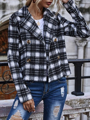 Plaid Turndown Collar Long Sleeve Double Breasted Tweed Jackets