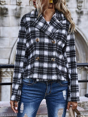 Plaid Turndown Collar Long Sleeve Double Breasted Tweed Jackets