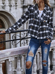 Plaid Turndown Collar Long Sleeve Double Breasted Tweed Jackets