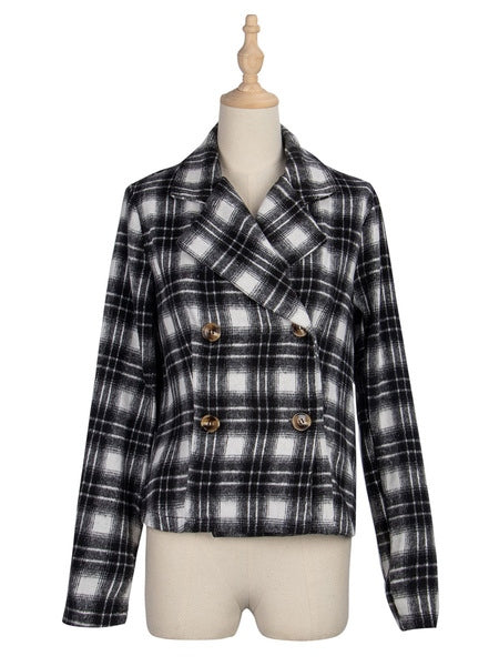 Plaid Turndown Collar Long Sleeve Double Breasted Tweed Jackets