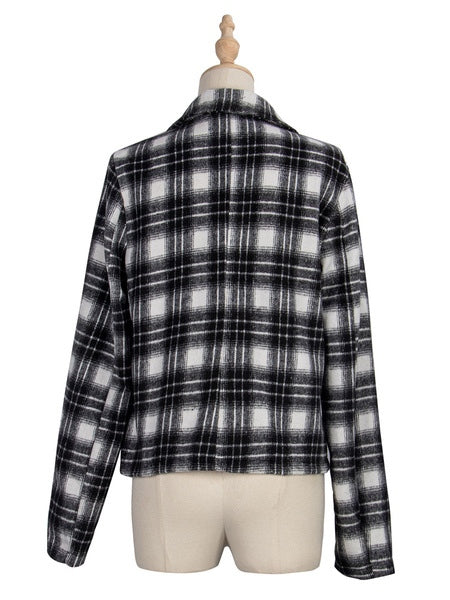 Plaid Turndown Collar Long Sleeve Double Breasted Tweed Jackets