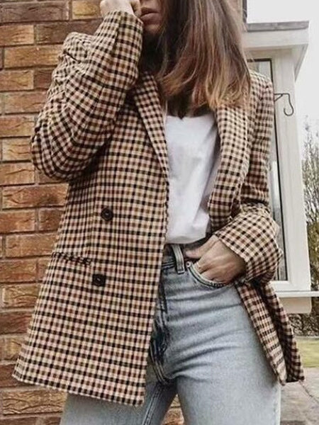 Plaid Turndown Collar Long Sleeves Double Breasted Short Jackets