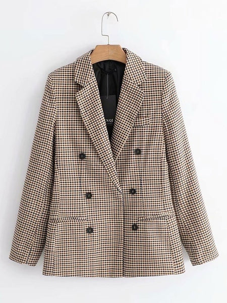 Plaid Turndown Collar Long Sleeves Double Breasted Short Jackets
