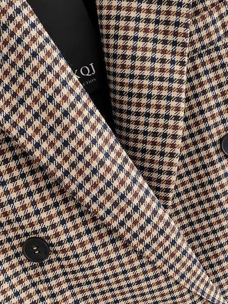 Plaid Turndown Collar Long Sleeves Double Breasted Short Jackets