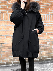 Pockets Hooded Zipper Long Sleeves Casual Oversized Normal Puffer Coats Outerwear