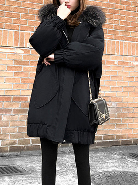 Pockets Hooded Zipper Long Sleeves Casual Oversized Normal Puffer Coats Outerwear