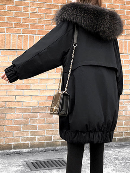 Pockets Hooded Zipper Long Sleeves Casual Oversized Normal Puffer Coats Outerwear