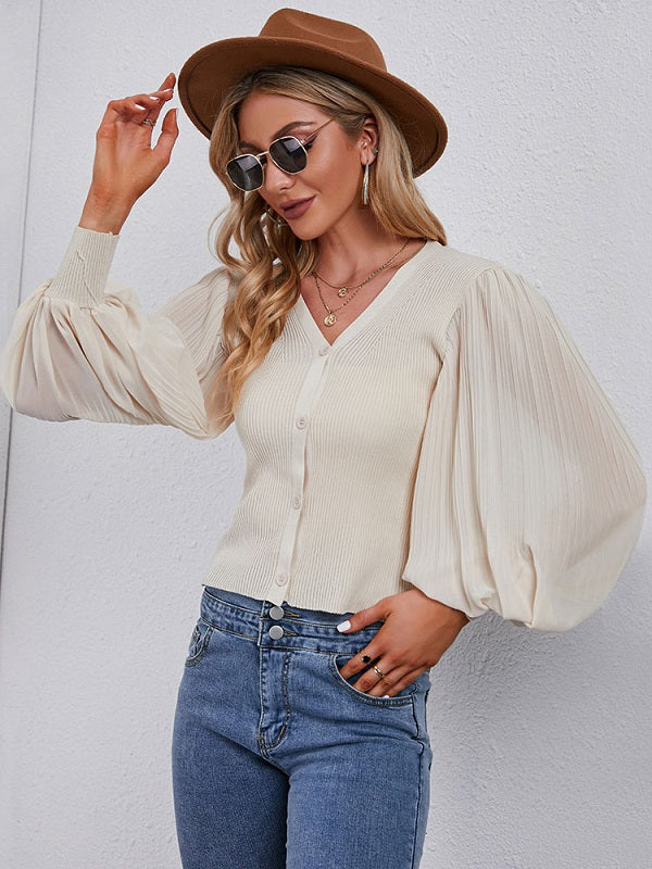 Polyester Buttons Long Puffer Sleeves V-Neck Short Cardigans