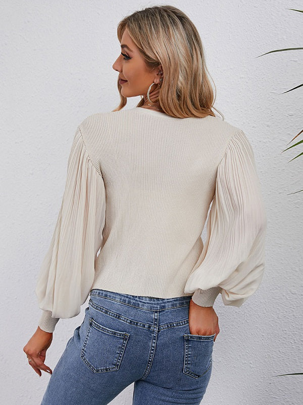 Polyester Buttons Long Puffer Sleeves V-Neck Short Cardigans
