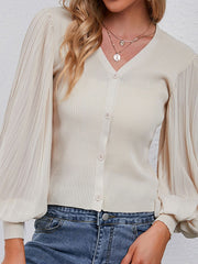 Polyester Buttons Long Puffer Sleeves V-Neck Short Cardigans