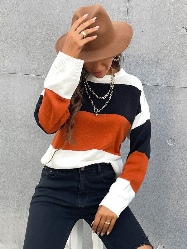 Polyester Jewel Neck Long Sleeves Stretch Sweaters
